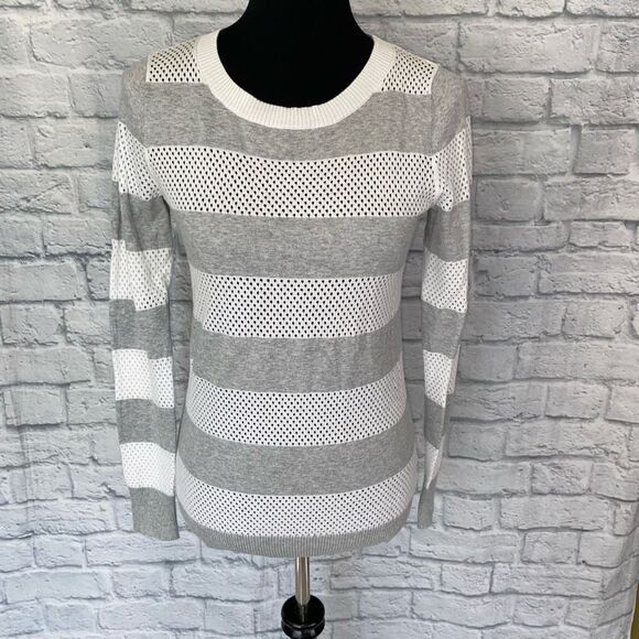 Express open knit Crewneck Longsleeve lightweight stripe sweater white grey sz S - Picture 1 of 9